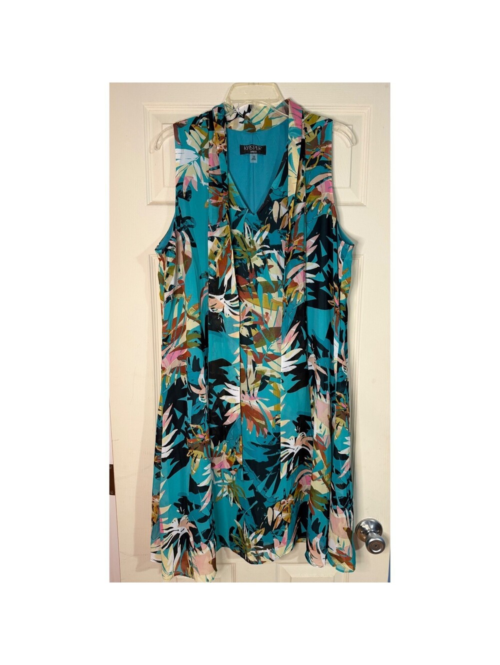 Kasper Teal Tropical Floral Shift Dress 16 Sleeveless Resort Vacation Elegant